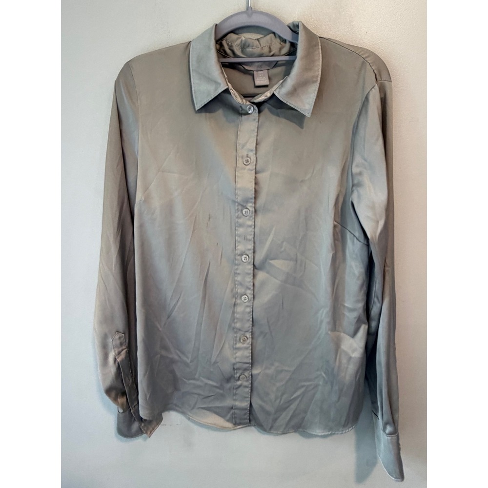 HM Sage Green Satin Button Down Blouse Long Sleeve Stretch Top Small 0968618 3